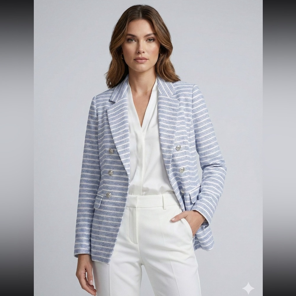 J. Jill Classic Blue and White Striped Double Breasted Blazer Size petite XS
